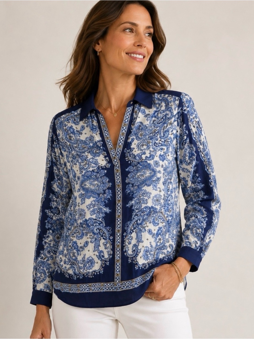 Women's Navy Blue H&M Paisley Button-Front Blouse - Size 10
